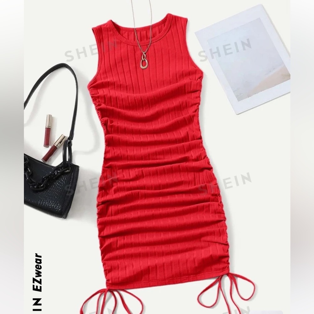 SHEIN EZwear ruched drawstring bodycon dress size 4 (S) red
